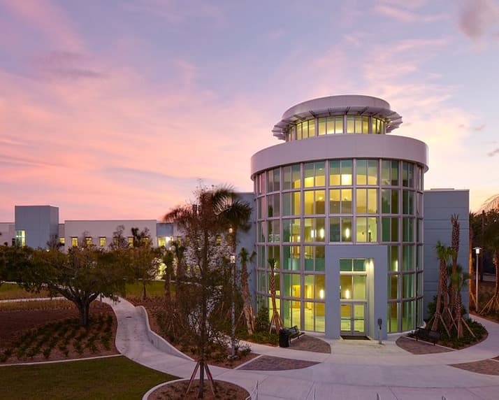 An FAU campus building at dusk: a curved glass rotunda lit from within, framed by palm trees against a pink sunset sky.